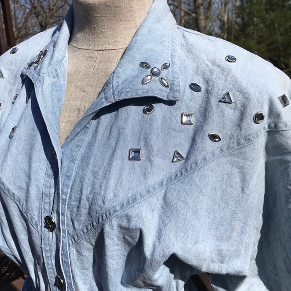 Vintage 1980 Denim Romper Studded Acid Wash Medium - Picture 6 of 8